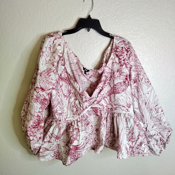 Express Printed Off Shoulder Twist Front Peplum Top Puffy Sleeves Sz Xl - Picture 2 of 8